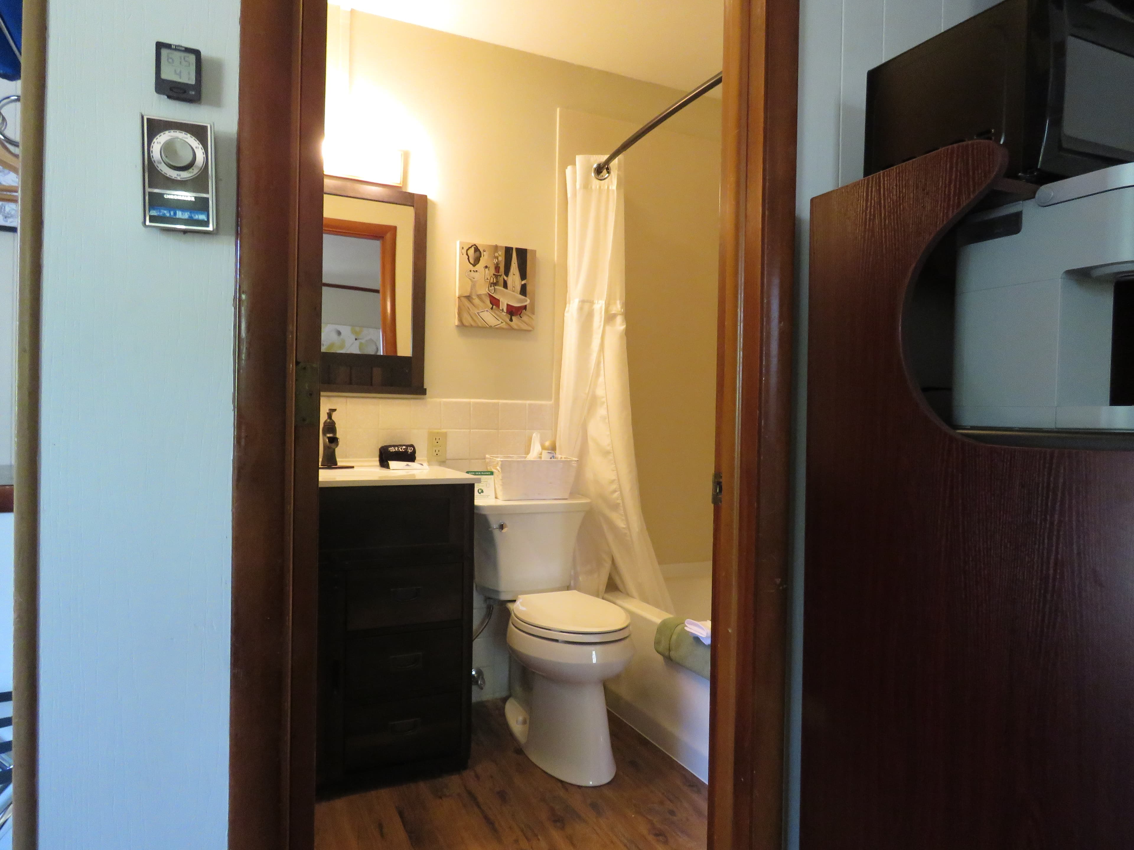 A small bathroom with a sink and mirror, a toilet, and a bathtub with a white shower curtain.