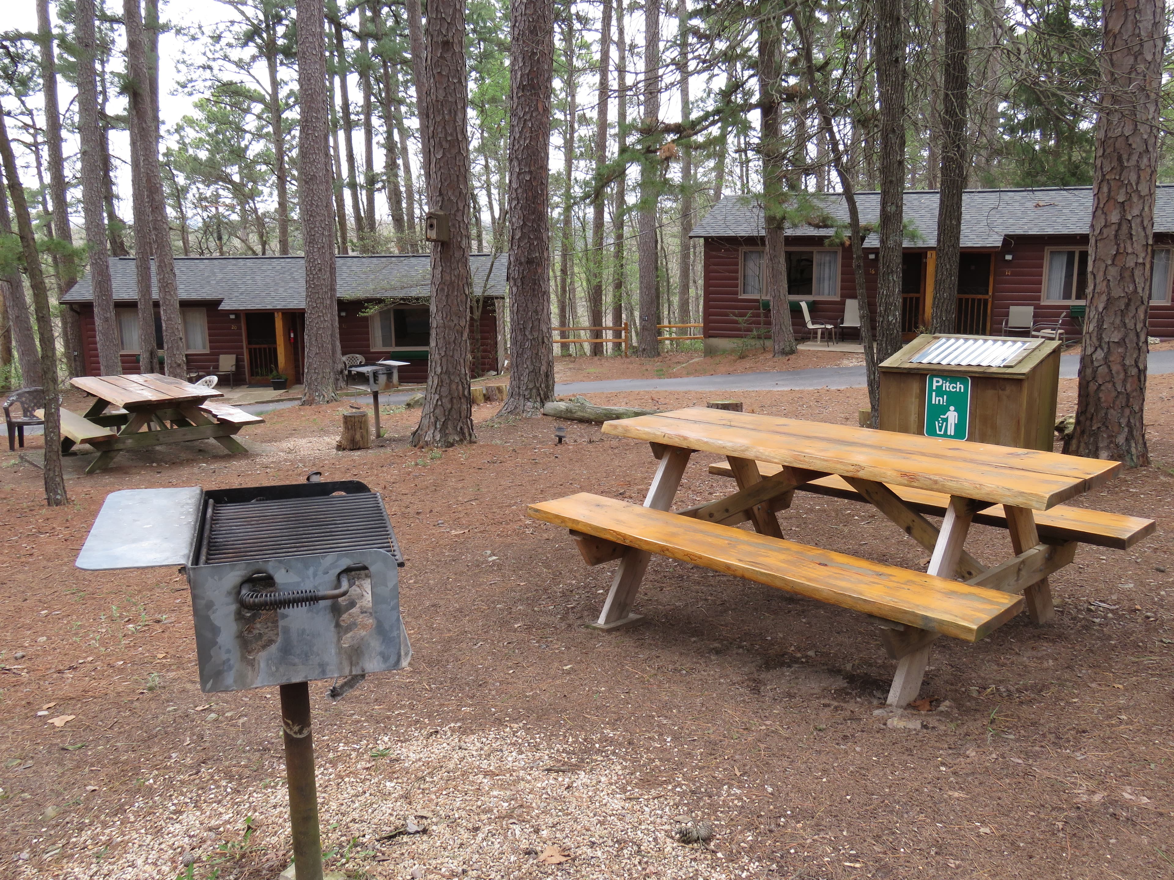 A wooded campsite with several rustic log cabins in the background. In the foreground, there are two wooden picnic tables and a charcoal grill.