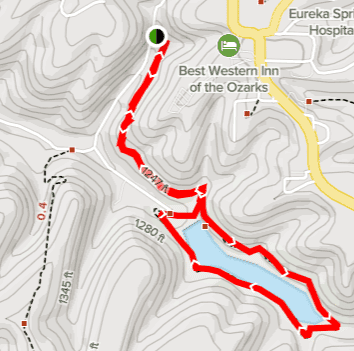 Map showing a hiking trail in Eureka Springs, Arkansas, highlighted in red.