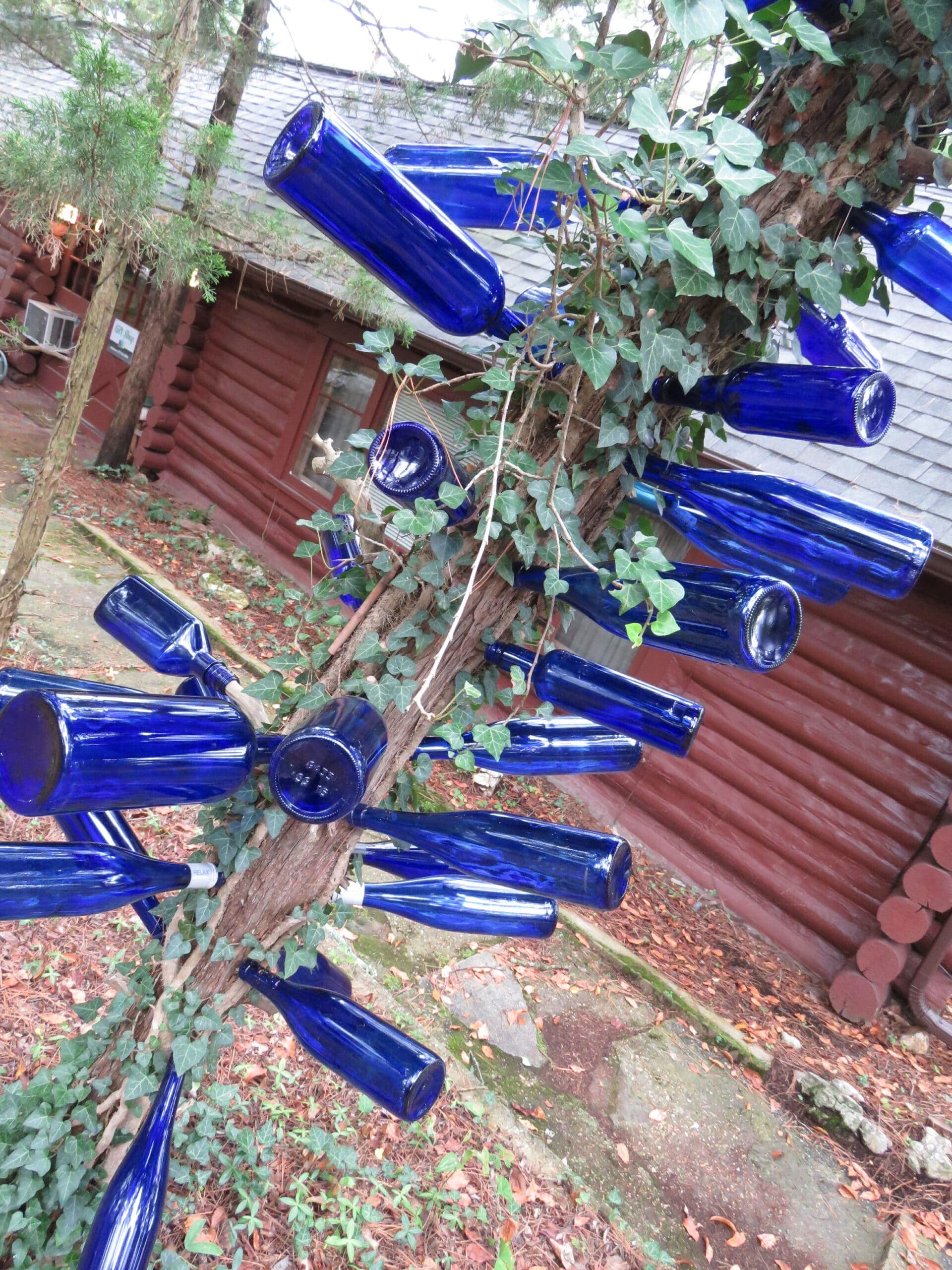 A tree adorned with blue glass bottles among green ivy and a rustic cabin in the background.