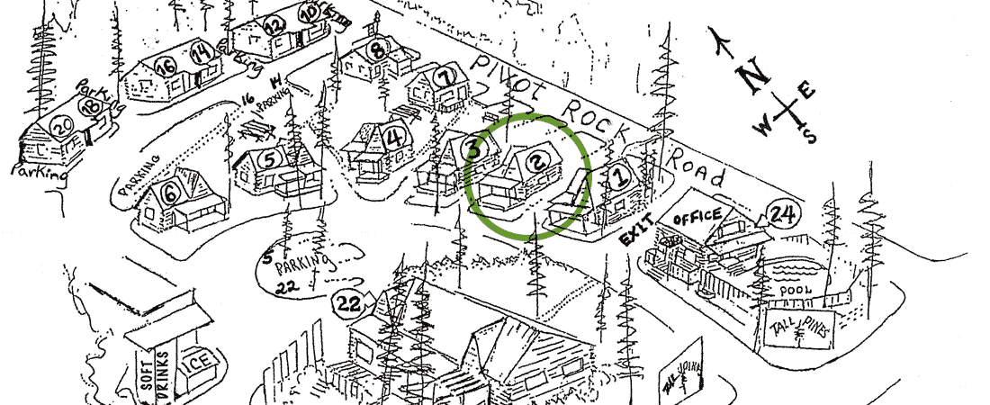 Map illustrating a cabin layout with marked locations and directional indicators.