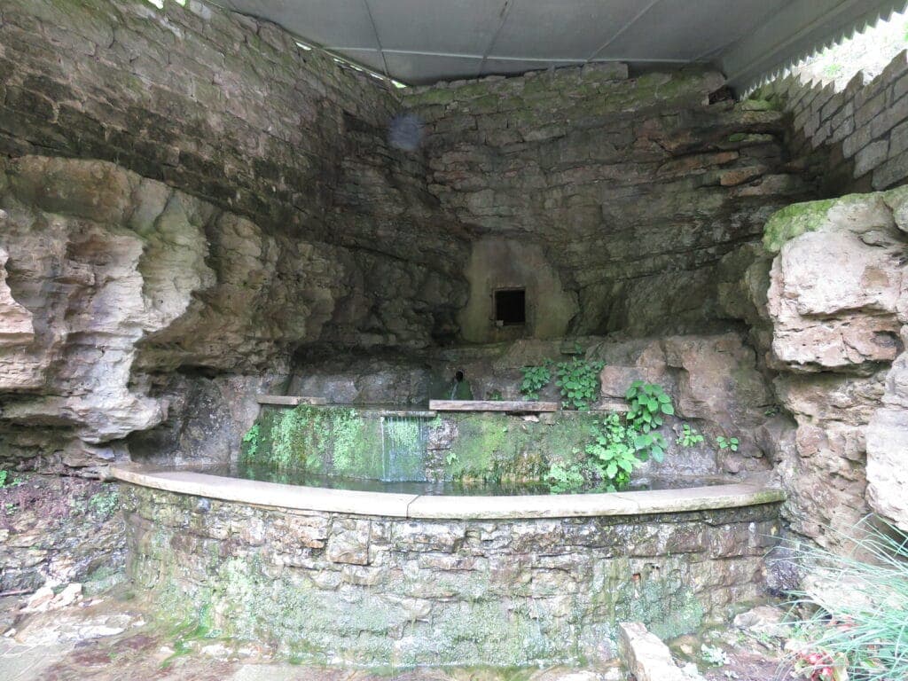 A natural stone outcropping with a small water feature surrounded by greenery.