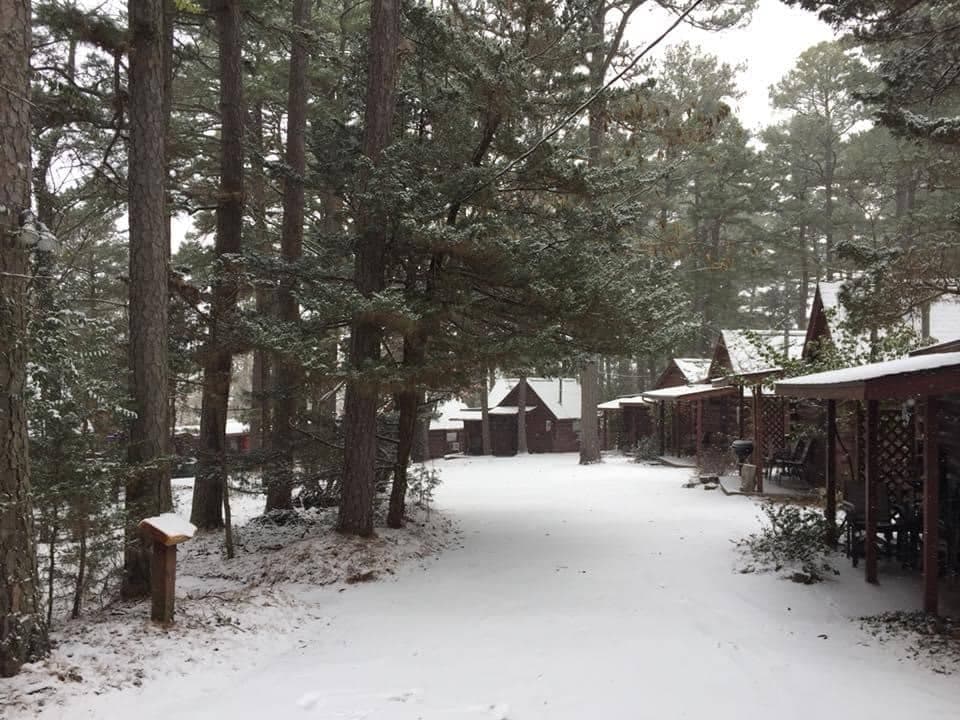 A snowy path lined with wooden cabins in a forest.