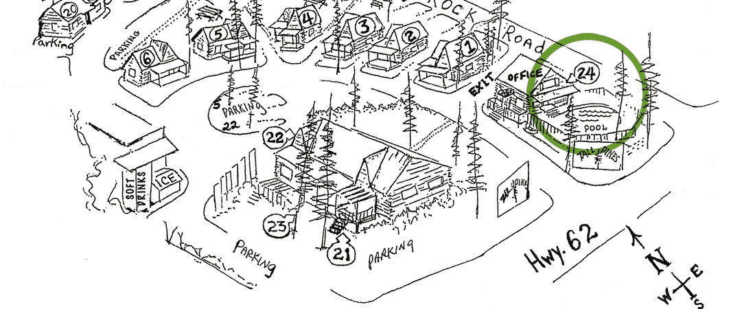A hand-drawn map showing parking areas, a pool, and buildings numbered 21 to 25 near a road labeled "Hwy 62."