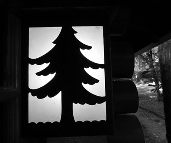 Silhouette of a pine tree inside a lantern.