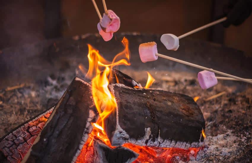 Marshmallows are being roasted over an open fire.