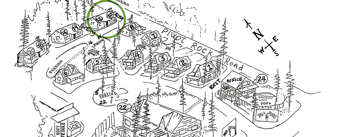 Map illustrating a cabin layout with labeled units, parking, and a pool area in a wooded setting.