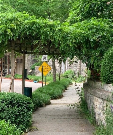 A serene walkway sheltered by foliage with a caution sign for oncoming trolleys.