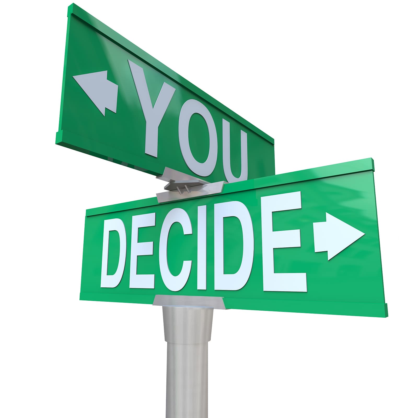 A street sign featuring two green panels, one labeled "YOU" and the other "DECIDE," indicating a choice.