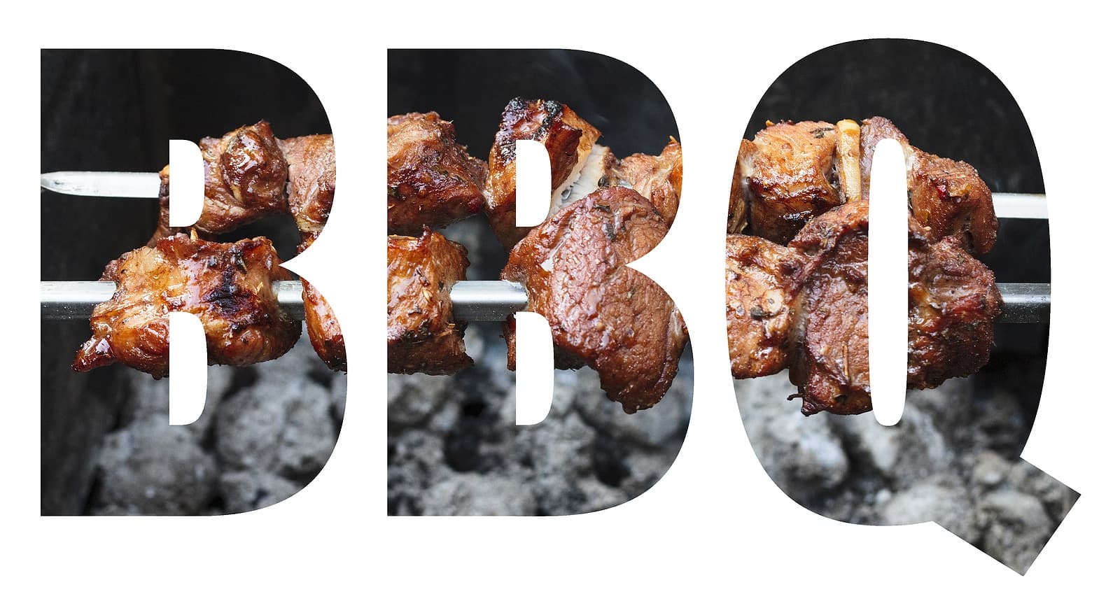 Grilled meat skewers arranged against the letters "BBQ."