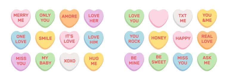 A grid of colorful heart-shaped candies with various love-themed messages.