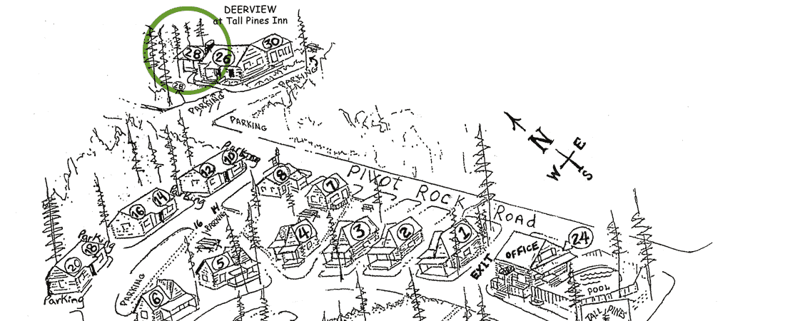 Schematic map of a residential area highlighting the location of Deerview at Tall Pines Inn.