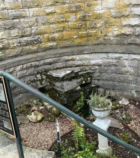 A moss-covered stone area with a small water feature and a potted plant, surrounded by a circular stone wall.