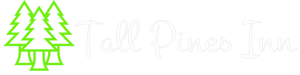 Logo for Tall Pines Inn featuring stylized green trees and elegant text.