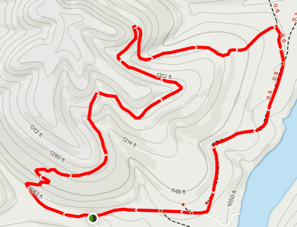 A winding trail map showing elevation changes, marked in red, with contour lines in the background.