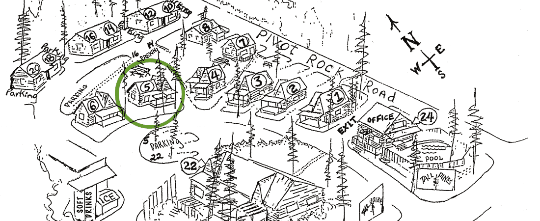 Map illustration showing a layout of cabins and amenities with a highlighted cabin numbered 5.