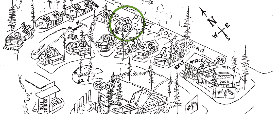 Map highlighting the location of cabin 5 on Pilot Rock Road with surrounding amenities.