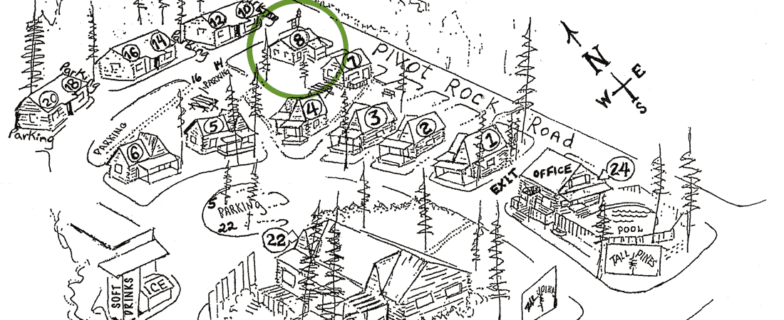A hand-drawn map depicting various cabins, a parking area, and amenities, with a highlighted building labeled "22."