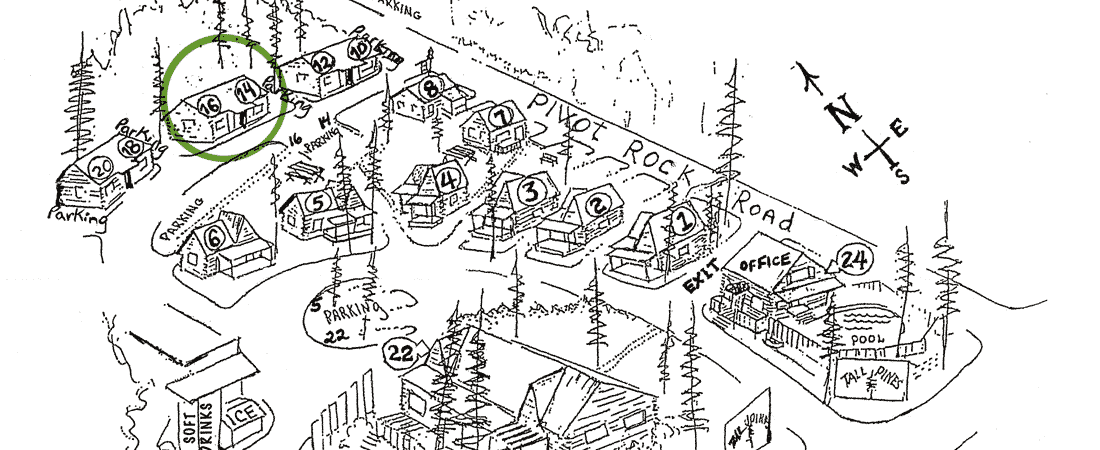 A hand-drawn map showing a lodge layout with numbered units, parking areas, and key locations like the office and pool.