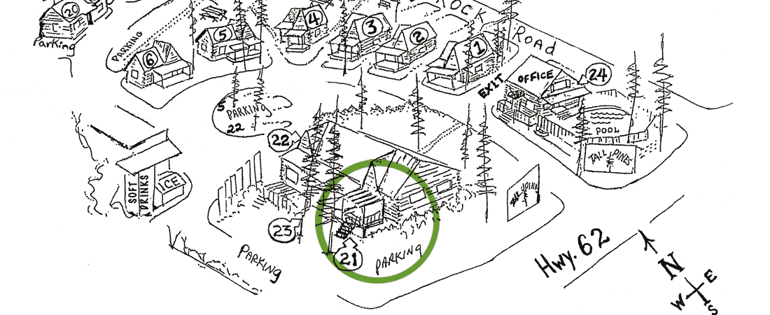 Map highlighting parking areas and cabin locations near Highway 62.