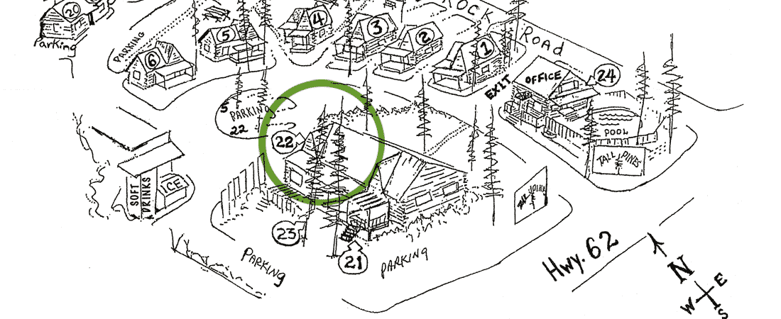 Simplified map illustration highlighting parking and location markers for a cabin area.
