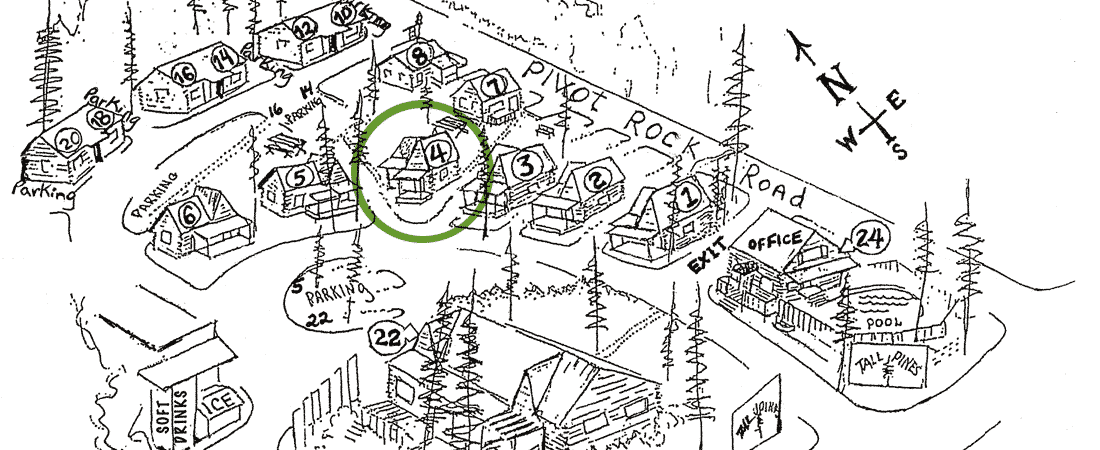 Map showing a layout of cabins and facilities labeled with numbers, including a highlighted cabin at position 4.