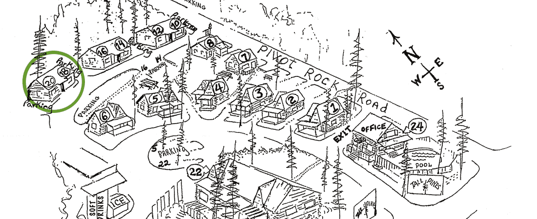 A hand-drawn map depicting a cabin layout with labeled units, roads, and landmarks.
