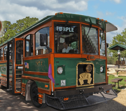 A vintage-style trolley bus with green and wood accents parked in a scenic area.