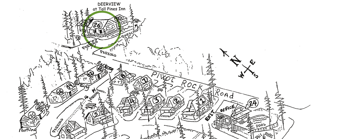 Map of the Deerview at Tall Pines Inn with prominent features labeled.