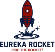 A stylized red rocket launching from water, accompanied by the text "Eureka Rocket! Ride the Rocket!" in blue.