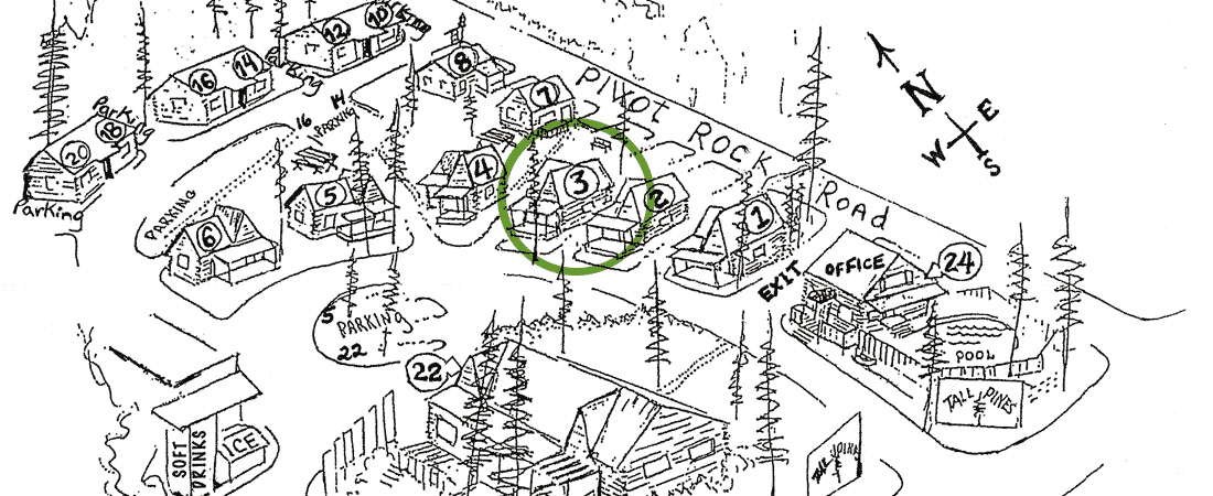A hand-drawn map showing cabins, parking, and amenities, with cabin 3 highlighted in green.