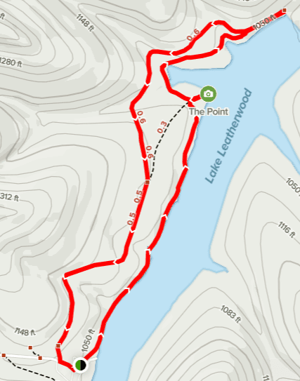 Map showing a hiking trail around Lake Leatherwood with elevation contours and markers.