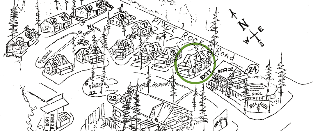 A hand-drawn map showing cabins, parking, and an office located on Pivot Rock Road, with north orientation marked.