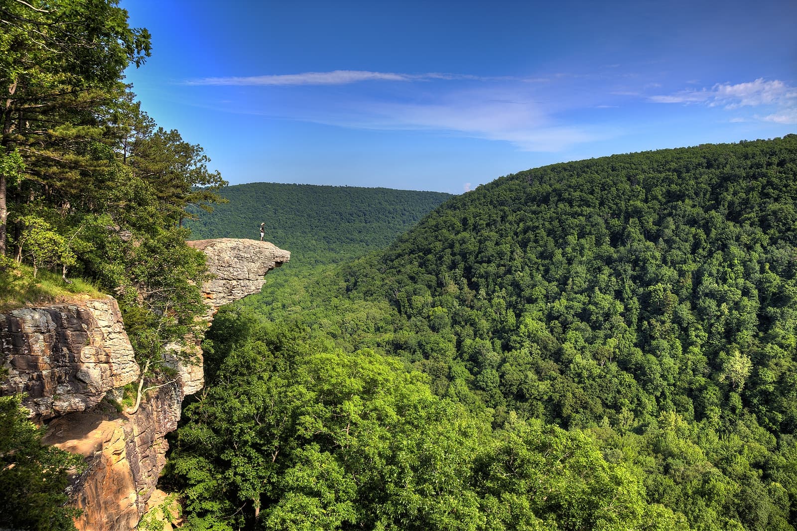 A person stands on a rocky outcrop overlooking a lush green valley under a clear blue sky.