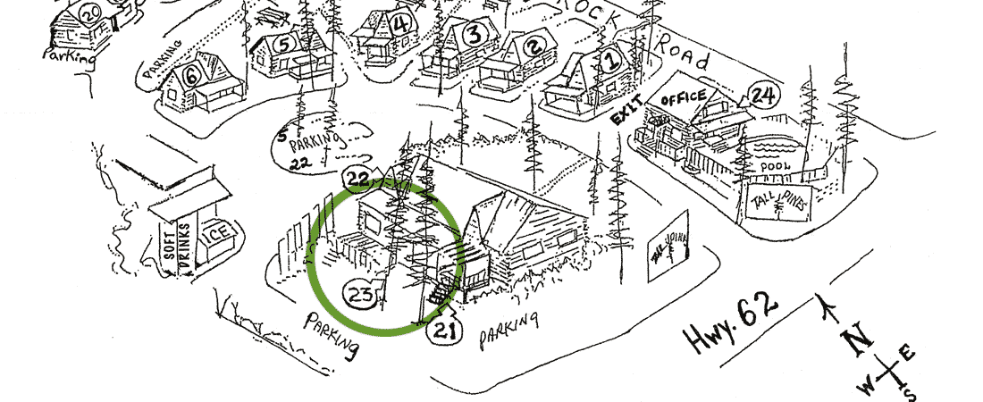 A hand-drawn map showing parking areas and numbered cabins, with one cabin highlighted in green.