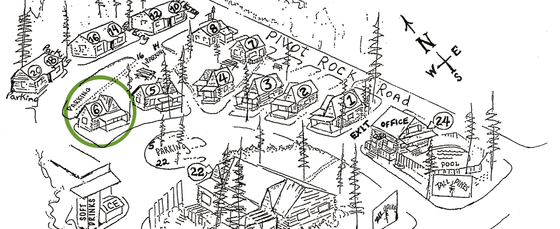 Map showing a campsite layout with labeled cabins, roads, and landmarks, highlighted area indicates a specific cabin.