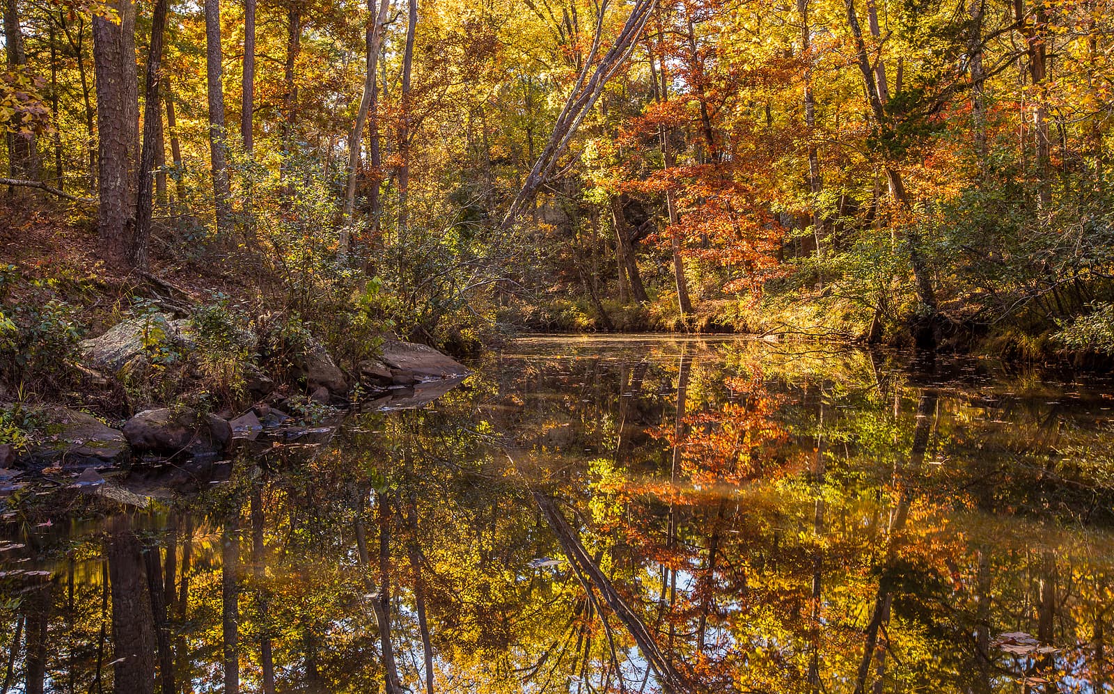 A serene river surrounded by trees displaying vibrant autumn foliage, reflecting their colors in the water.