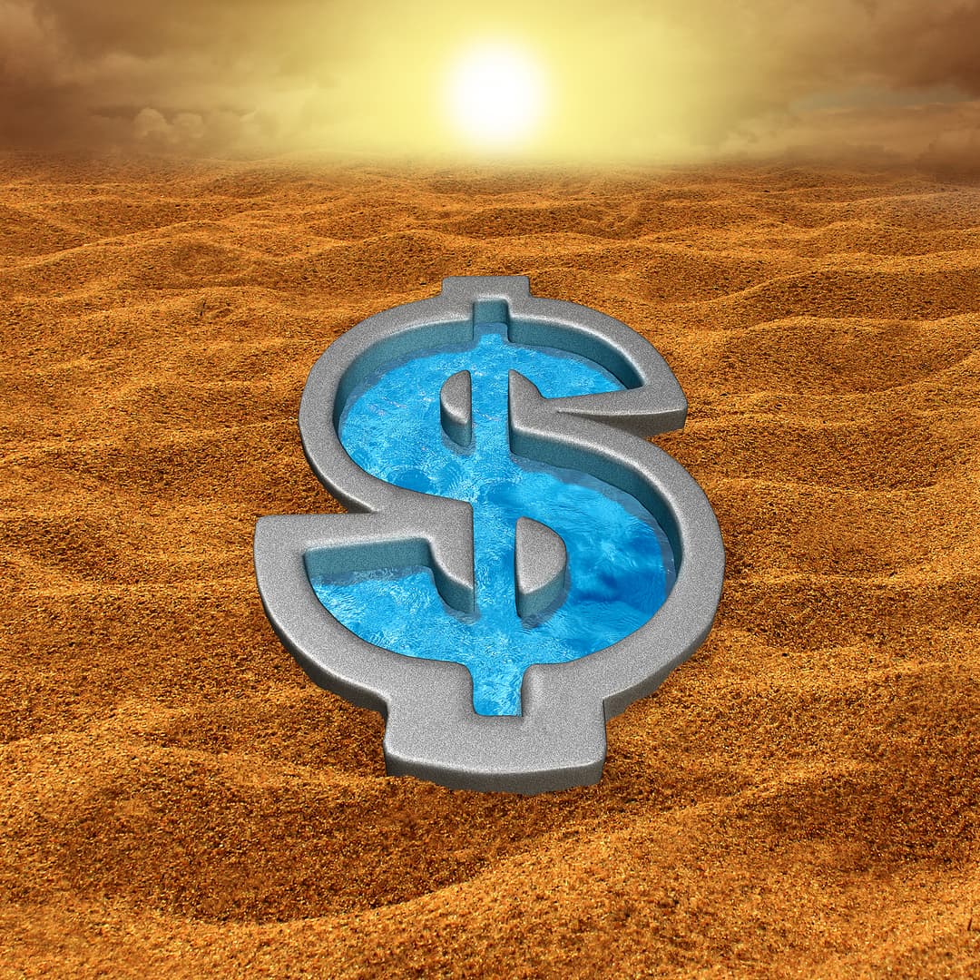 swimming pool in the shape of a dollar sign in the middle of the dessert