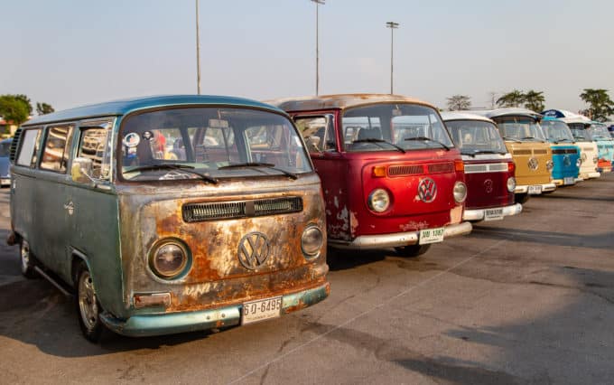 row of volkswagon vans multicolor