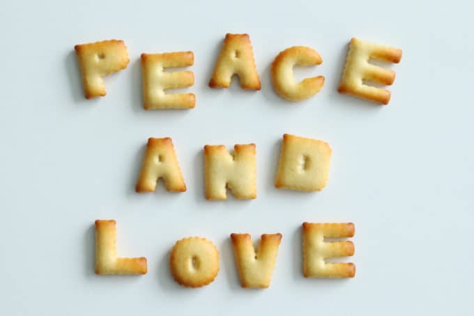 Peace love eat written with crackers