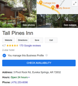 Knowledge panel of tall pines inn