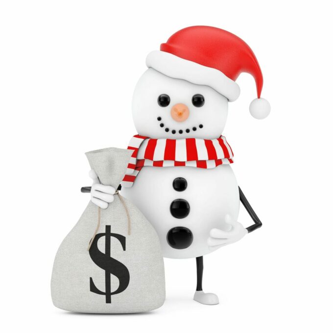 snowman holding a money bag