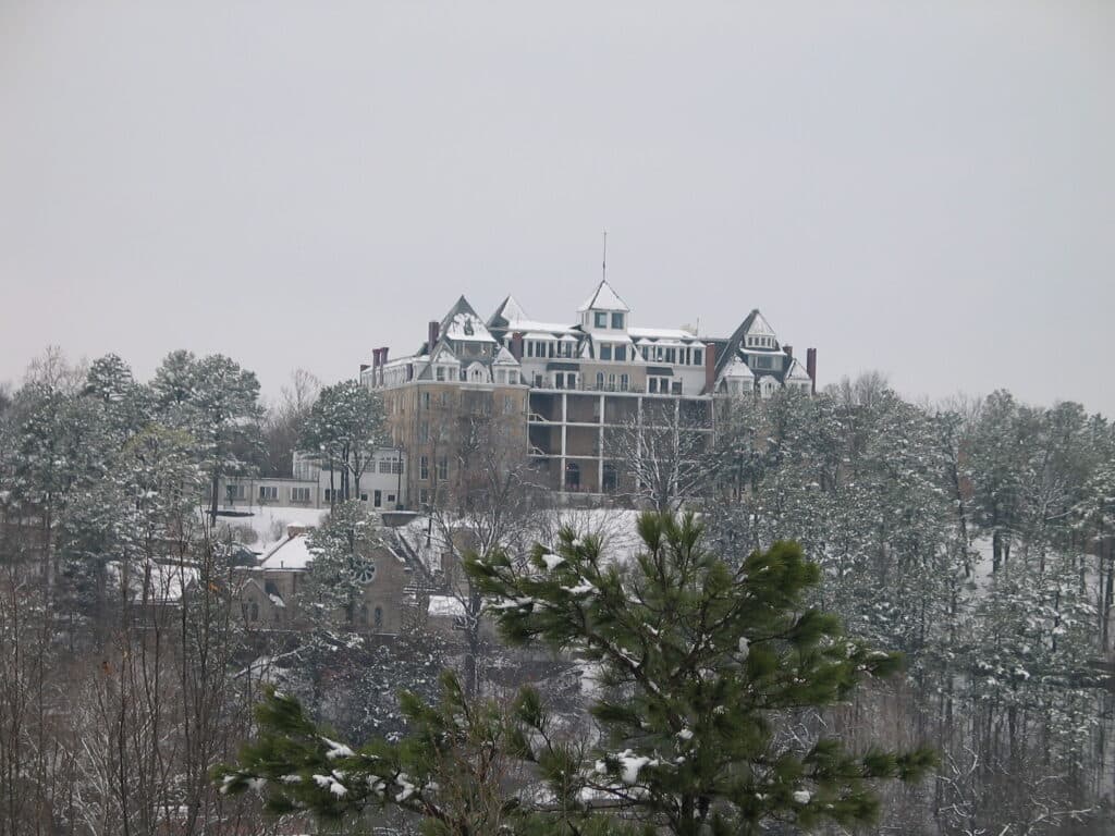 Crescent hotel in background shown in black and white in the winter