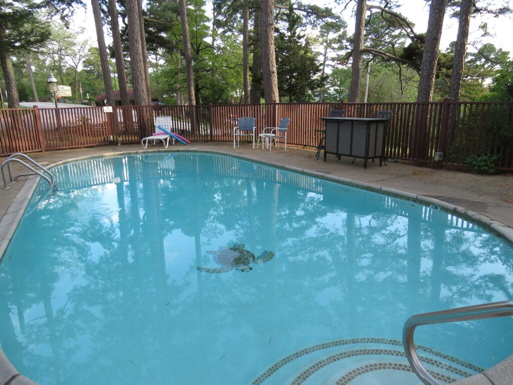 Oval swimming pool with turtle at the bottom and steps at one end. There is a white lounge chair at the far end and two blue pool chairs. There is also a poolside bar next to the pool. There is a brown fence around the pool. pine tree surround the outside of the fence