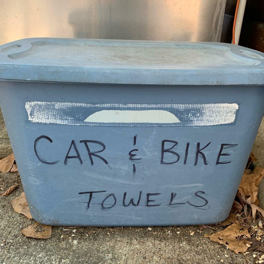 blue tote that has words car and bike towels