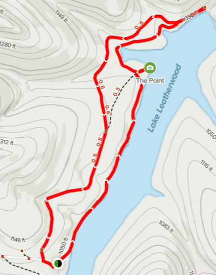 map showing a hiking route in red along a lake