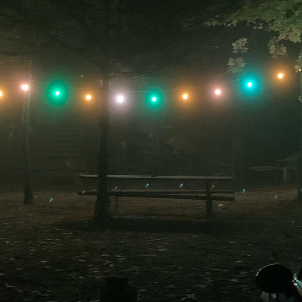 Foggy night with green and yellow hanging lights at night over picnic tables