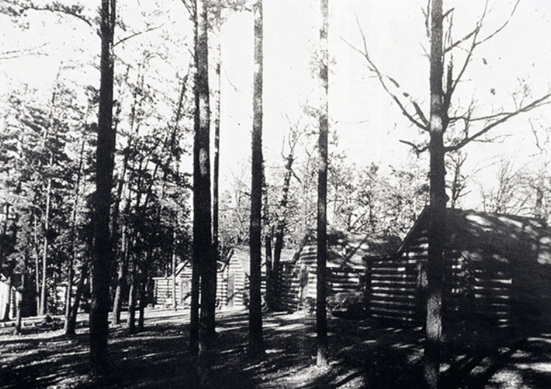 black and white picture with old log cabins surrounded by pine trees
